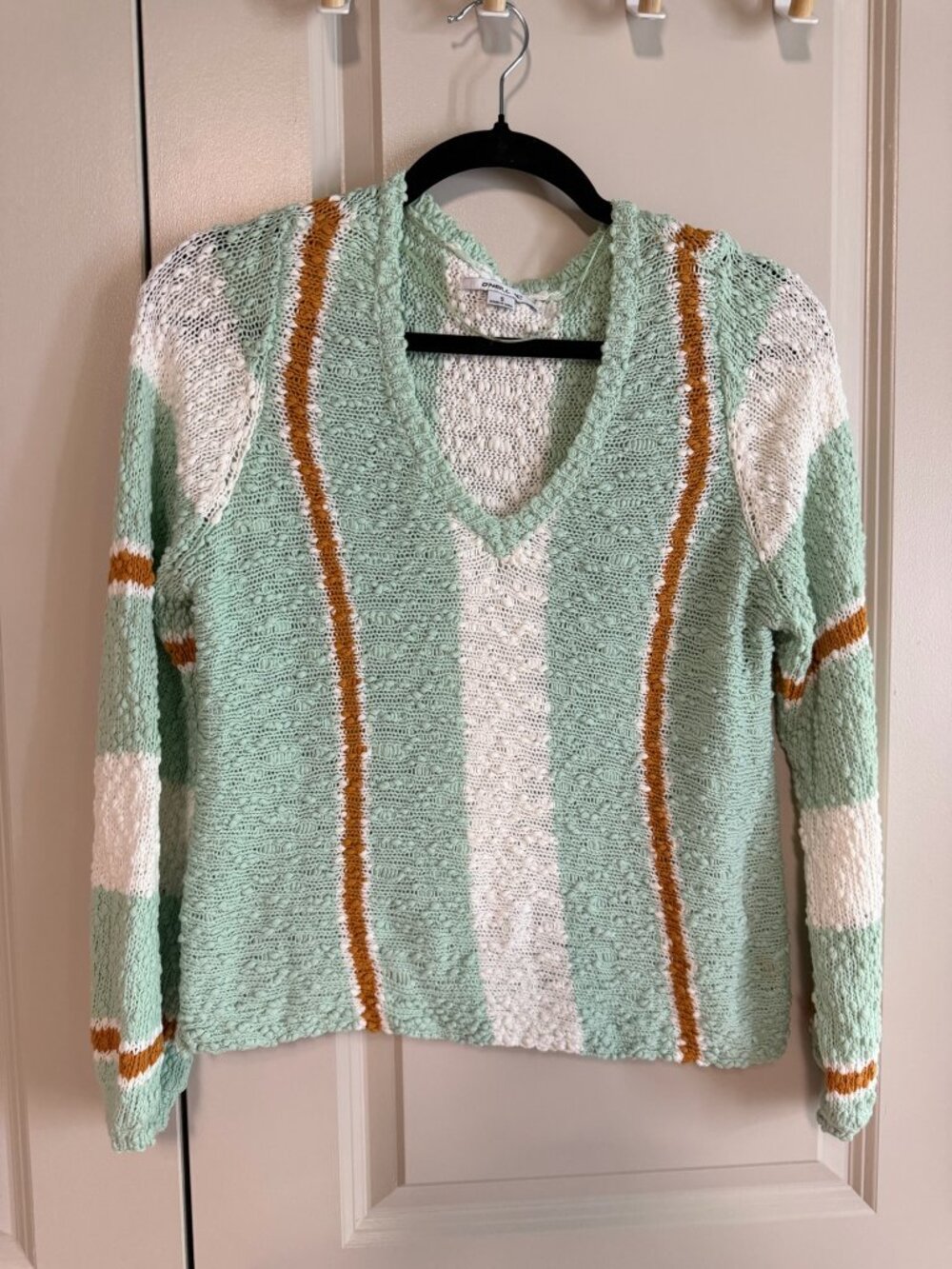 O'Neill Mint Green, Tan, White Striped Textured Knit Sweater | Size Small